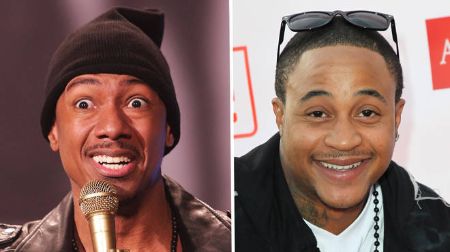 left: nick cannon holding up a mic with a shocked face right orlando smiling 